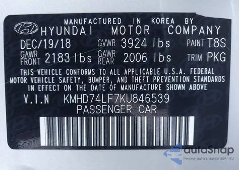 2019 Hyundai Elantra Se z USA, uszkodzony, nr VIN KMHD74LF7KU846539
